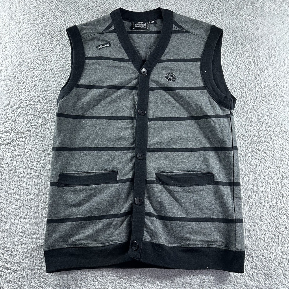 Akademiks Sweater Vest Mens Large Gray Black Striped Pockets Streetwear Casual